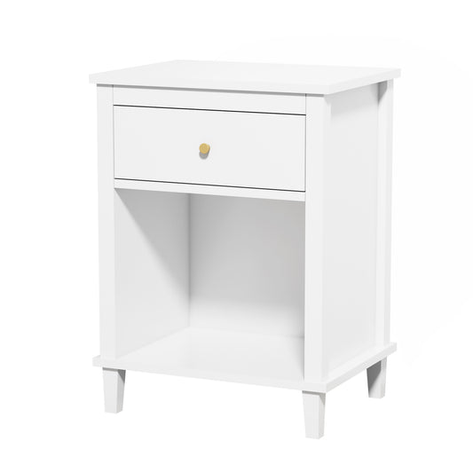 26.77''H White Wooden Nightstand with One Drawer and Shelf, Golden Handle, MDF Construction for Kids and Adults