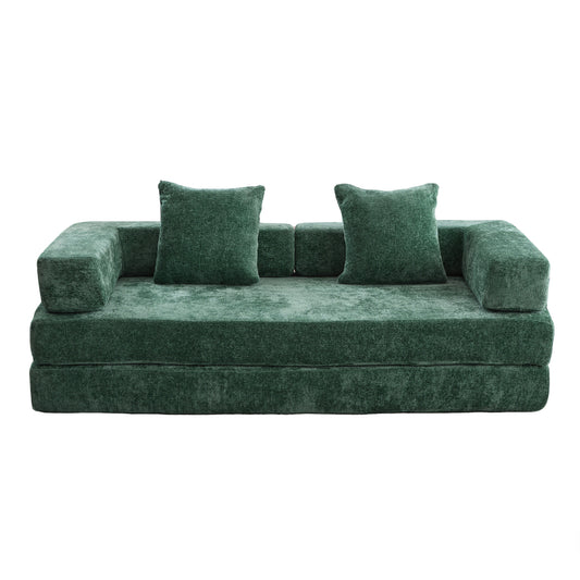 Floor Couch,Compression Sofa,Convertible Floor Sofa Bed-with Pillow Back Support Armrest,Comfy Futon Couch Lounge Sleeper Bed,Chenille fabric,for Living Room Bedroom (dark green)