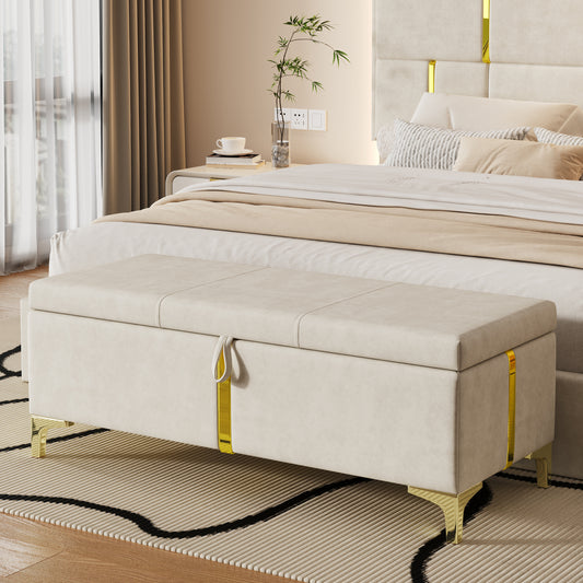 Elegant Upholstered Storage Ottoman,Storage Bench with Metal Legs for Bedroom,Living Room,Fully Assembled Except Legs,Beige