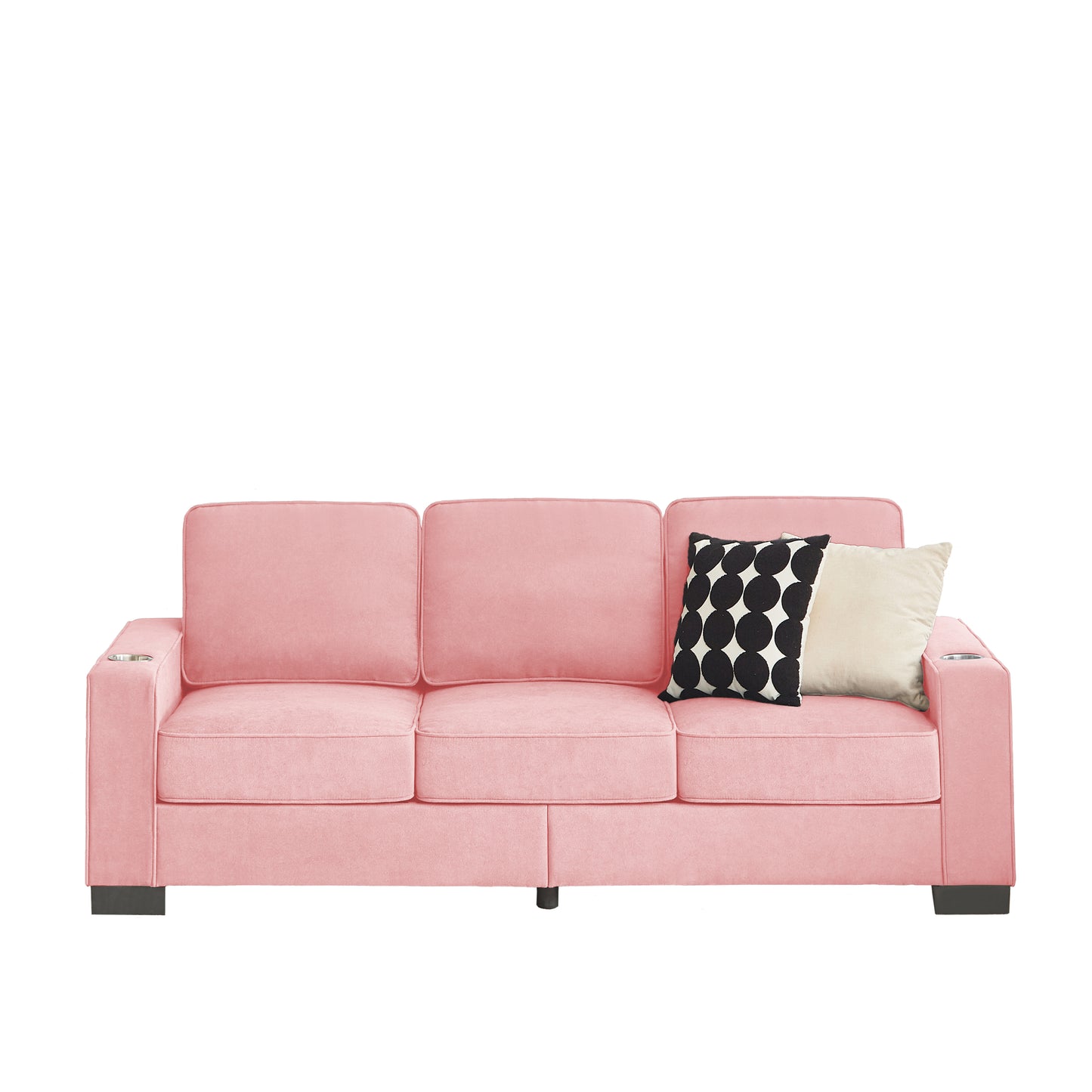 Modern Snowfleece Fabric 3-Seater Sofa with Cup Holders in Pink for Living Room, Bedroom, Office