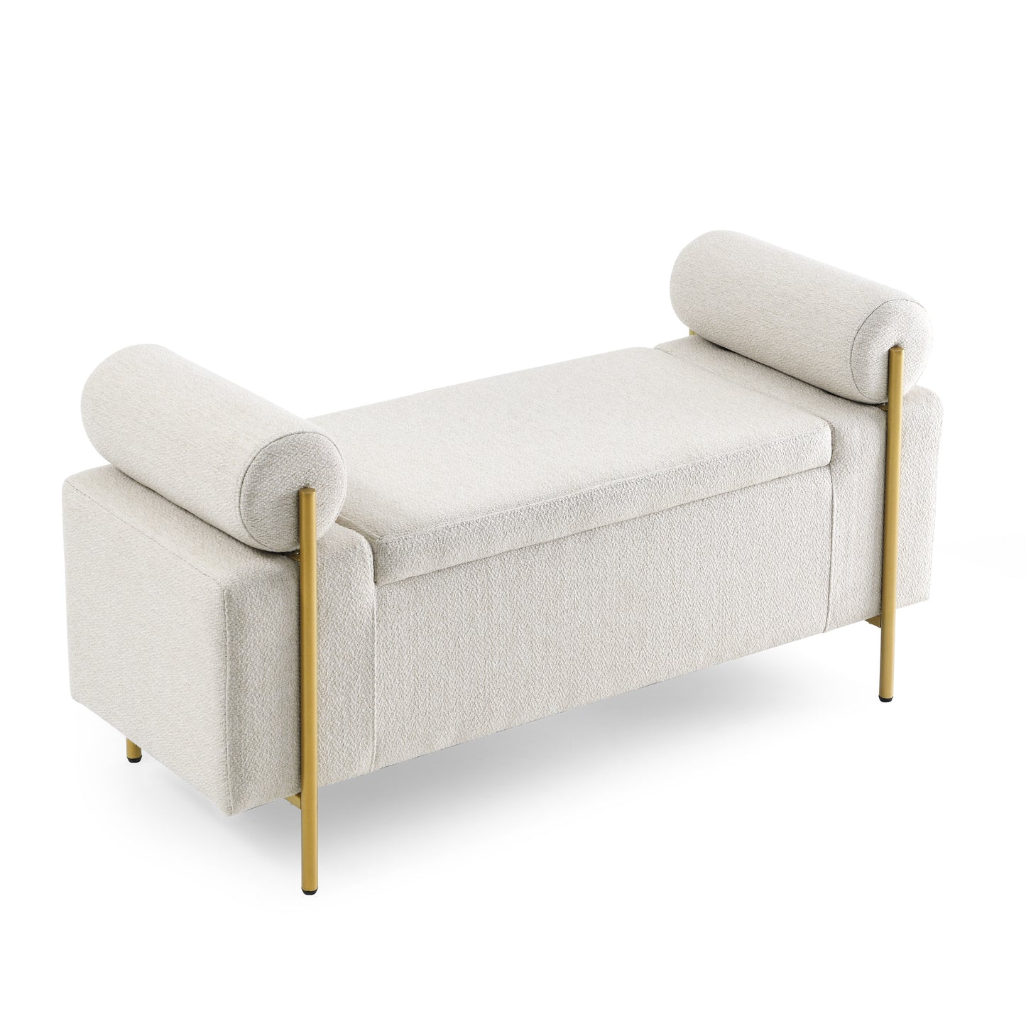 Elegant Upholstered Linen Storage Bench with Cylindrical Arms and Iron Legs, Beige