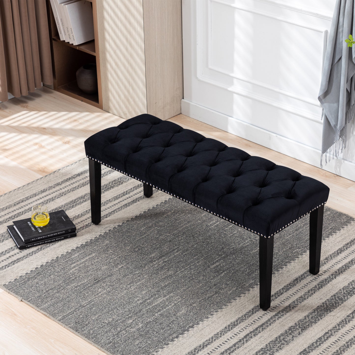 Upholstered Tufted Bench Ottoman , Velvet Dining Bench Bedroom Bench  Footrest Stool Accent Bench for Entryway Dining Room Living Room, Black