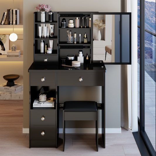 29.2' Small Size Left Drawer Desktop Vanity Table + Cushioned Stool, Extra Large Right sliding mirror, Multi Layer High Capacity Storage, Practical Fashionable Dresser, Suitable For Small Space
