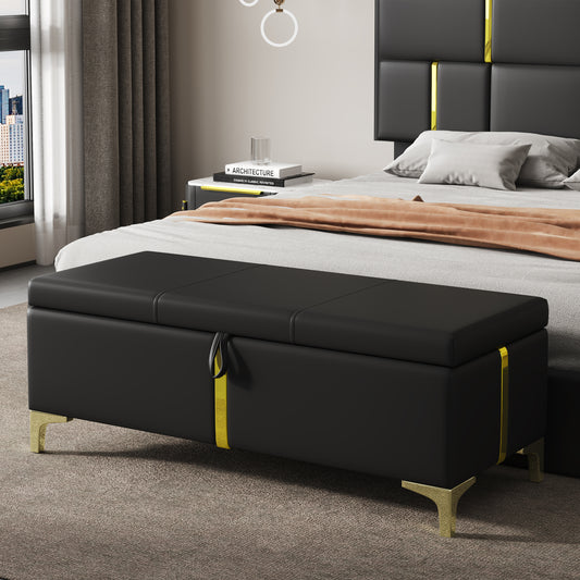 Elegant Upholstered Storage Ottoman,Storage Bench with Metal Legs for Bedroom,Living Room,Fully Assembled Except Legs,Black