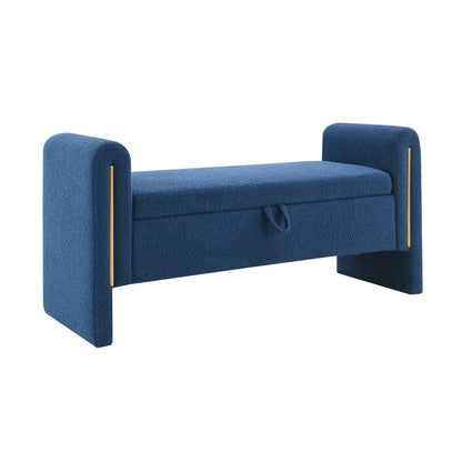 Modern Teddy Bed End Bench with Arms and Storage, Upholstered Large Foot Rest Stool in Navy Blue, Comfy Window Vanity Bench for Living Room, Bedroom, Dorm, Coffee Table