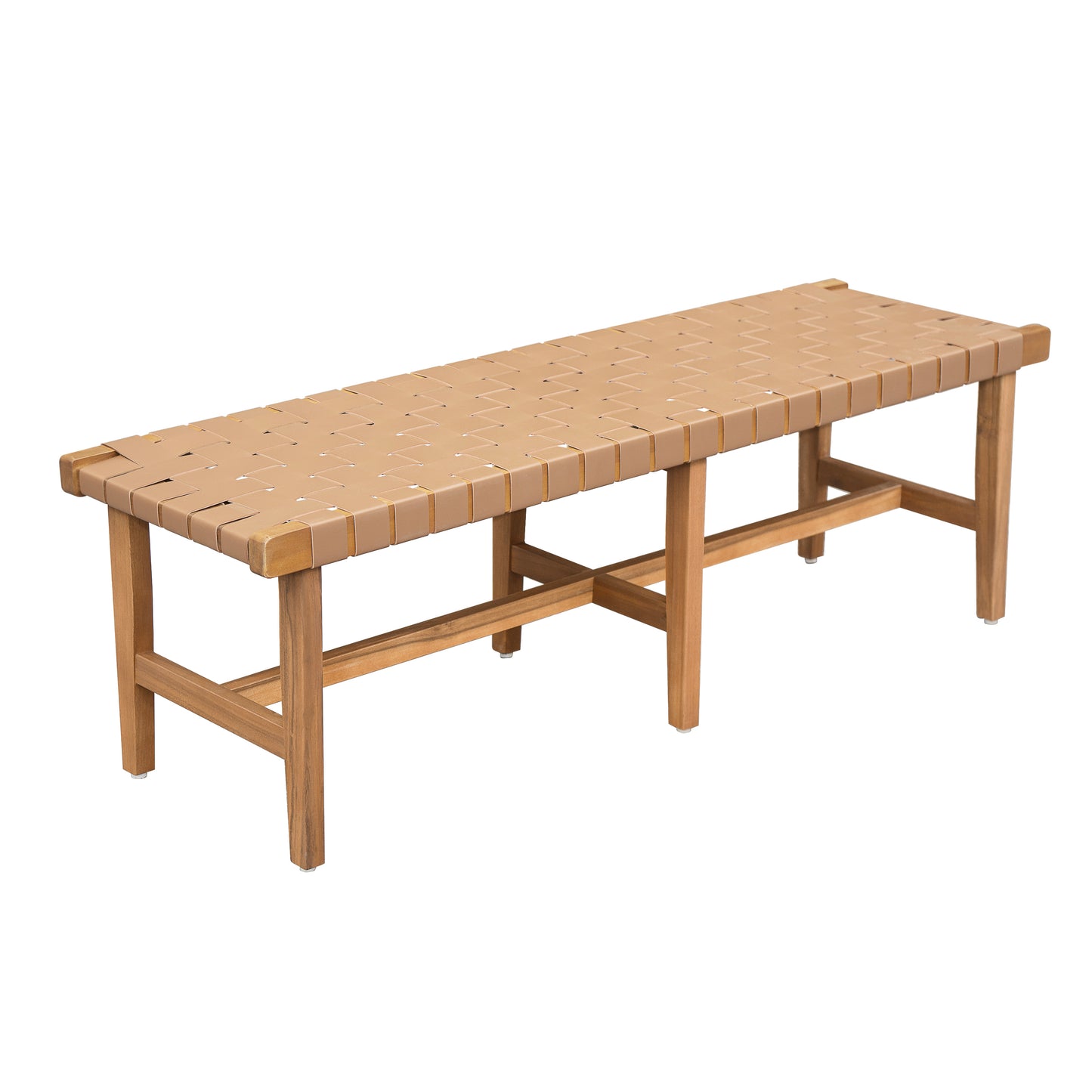 Stylish Acacia Wood Bedroom Bench with Woven PU Leather Seat in Warm Teak Tone, Natural Finish